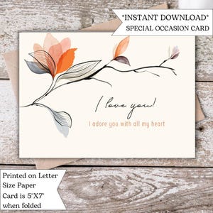 I Love You Card | Minimalist Floral Printable Card | Romantic Printable Card for Anniversary, Valentine’s Day, or Just Because | For Couples