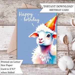 Printable Cute Lamb Birthday Card | Farm Animal Birthday Card | Digital Card for Kids or Animal Lovers | Instant | Party Hat Sheep
