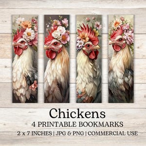 Floral Chicken Bookmarks Set | Printable Funny Farm Animal Bookmarks | Hen With Flowers | Unique Bookish Accessories | Rustic Bookmark Set