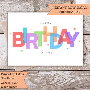 Cartão de aniversário digital colorido | Cartão de felicitações exclusivo e divertido | Cartão de feliz aniversário para impressão | Cartão de felicitações de aniversário moderno e divertido para baixar