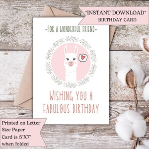 Llama Birthday Card for Friend | Cute Printable Birthday Card | Fabulous Birthday Digital Download | Funny Llama Greeting Card for Her