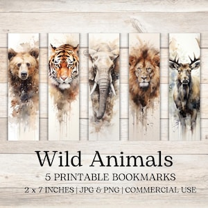 Wildlife Animal Bookmarks Set | Printable Watercolor Bear, Tiger, Elephant, Lion, Deer| Unique Gift for Readers | Unique Bookish Accessories
