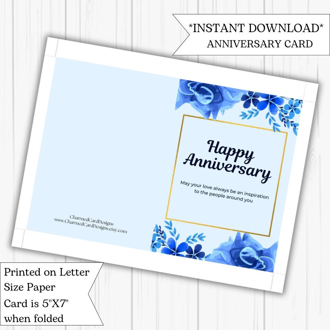 Printable Blue Floral Anniversary Card | Romantic Card for Spouse or ...