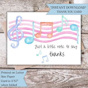 Printable Music Teacher Thank You Card  | Music Notes Appreciation Card For Music Teacher, Choir, Piano | Instant | Digital Download