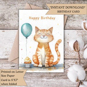 Cartão de aniversário fofo de gato para imprimir | Cartão de feliz aniversário com cupcake e balão | Cartão de aniversário de amigos | Cartão de felicitações exclusivo e divertido