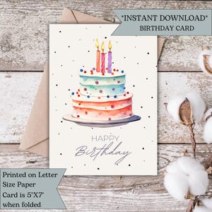 Cartão de aniversário em aquarela | Cartão de feliz aniversário com bolo e velas | Cartão de aniversário de amigos | Cartão de felicitações exclusivo e divertido