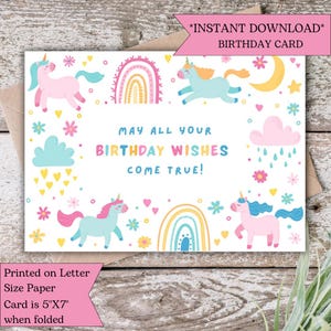 Unicorn Birthday Card | Cute Pastel Rainbow Greeting Card for Magical Wishes | Digital Download | Printable Unicorn Card
