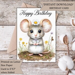 Cartão de aniversário de ratinho fofo para imprimir | Ratinho em aquarela com flor | Aniversário de animal excêntrico | Cartão de felicitações exclusivo e divertido | Cartão de aniversário
