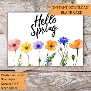 Hello Spring Card – Watercolor Floral Greeting Card – Printable Digital Spring Card – Seasonal Card for Easter or Springtime - Instant