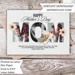 Cartão com foto editável para o Dia das Mães | Cartão de Feliz Dia das Mães | Cartão exclusivo | Cartão personalizado para impressão para a mãe com flores e mensagem
