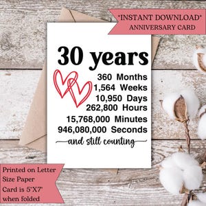 30 Year Anniversary Card Printable | Romantic Anniversary Greeting | Love Card for Him and Her & Couples | Romantic Milestone Printable Card