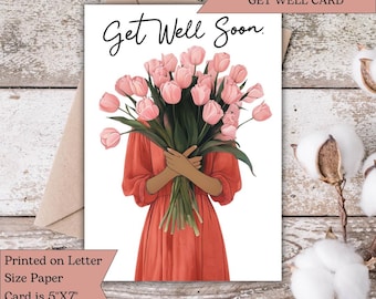 Carte de rétablissement avec tulipes roses | Belle impression florale | Carte encourageante pour les amis et la famille | Des encouragements réfléchis