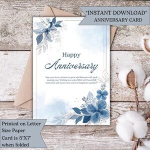 Tarjeta de aniversario floral azul imprimible / Saludo romántico de aniversario de bodas / Tarjeta de amor para él, ella y parejas / Mensaje de amor floral
