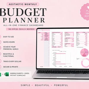 Op de afbeelding: Een digitale budgetplanner weergegeven op een laptopscherm, met een roze en wit kleurenschema, grafieken, tabellen en categorieën voor financiële tracking. De tekst luidt Aesthetic Monthly Budget Planner, All-in-One Finance Dashboard.
