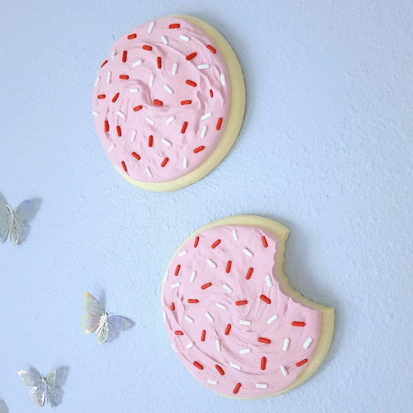 Jumbo 8-in Hanging Pink-Frosted Sugar Cookie + Red/White Sprinkles | Funky Oversized Dessert 3D Wall Art | Bold Maximalist Foodie Home Decor