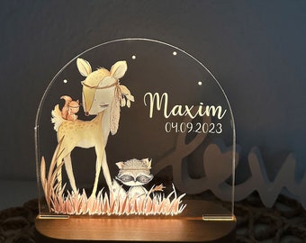 Personalisiertes Nachtlicht mit Akku, Acryl und Massivholzsockel, Babygeschenk Geburt, Kinderzimmer, Geburtstagsgeschenk, Nachttischlampe