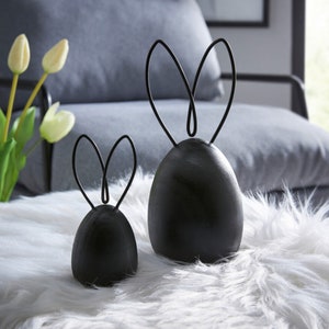 Black rabbit, set of 2, modern Easter decoration made of glazed wood, black metal ears