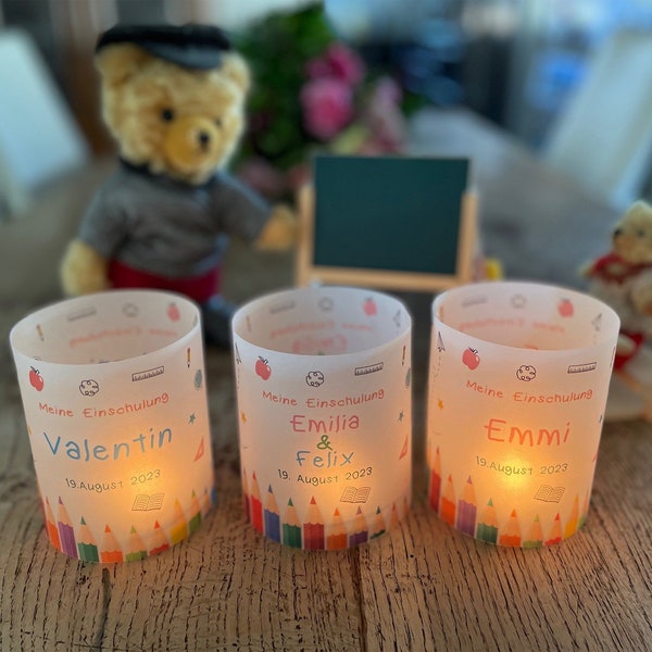 Lichthülle, Windlicht, Einschulung, 4er Set Lichthülle für Teelicht personalisiert, Tischdeko, Lichtdeko, Partylicht, Partykerze, Schule