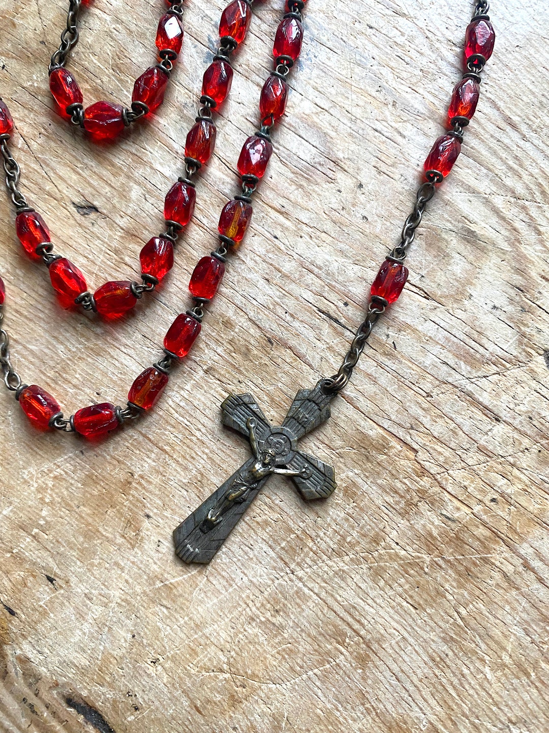 Antique French Red Glass Bead Rosary C.1920 Etsy