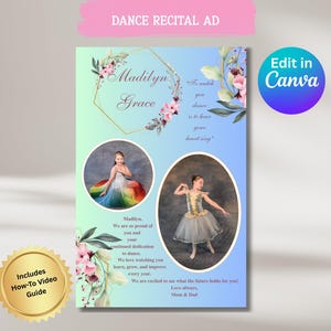 Plantilla elegante de programa de recital de ballet con diseño floral - Plantilla de anuncio para anuario - Diseño imprimible de homenaje a la danza - 5,5 pulgadas de ancho x 8,5 pulgadas de alto (media página)
