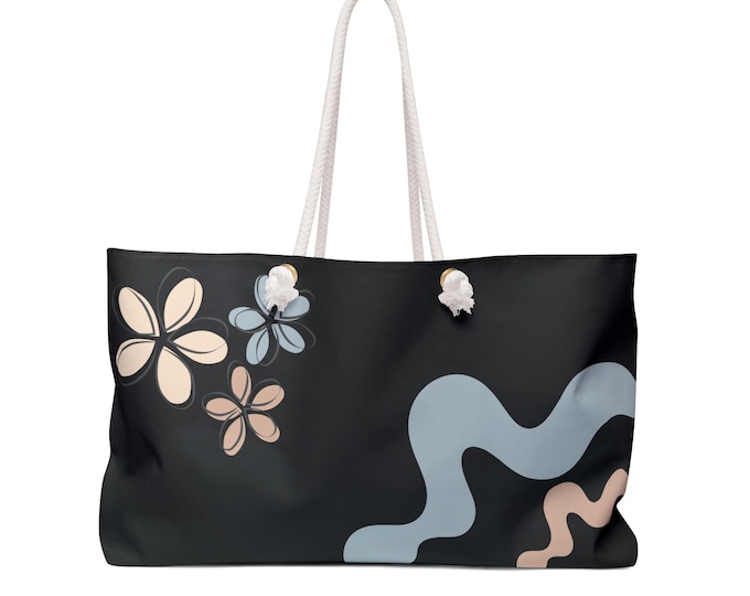 Abstract Floral Wave Weekender Bag | Black Blue Beige Tropical Flower Pattern