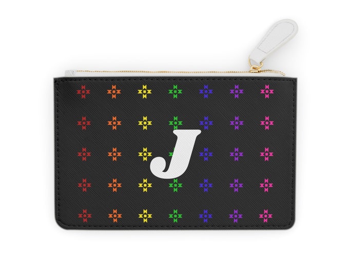 Rainbow Native Stars Mini Clutch, Personalized with White Initial J, Initialized, Womens Wallet, Card holder