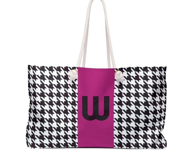 Houndstooth Black, White and Magenta, with Black W Initialized Detail Womens Weekender Tote Bag, Personalized Bag, Initialized Handbag