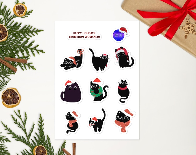 Black Cat Christmas Sticker Sheet, Holiday Stickers