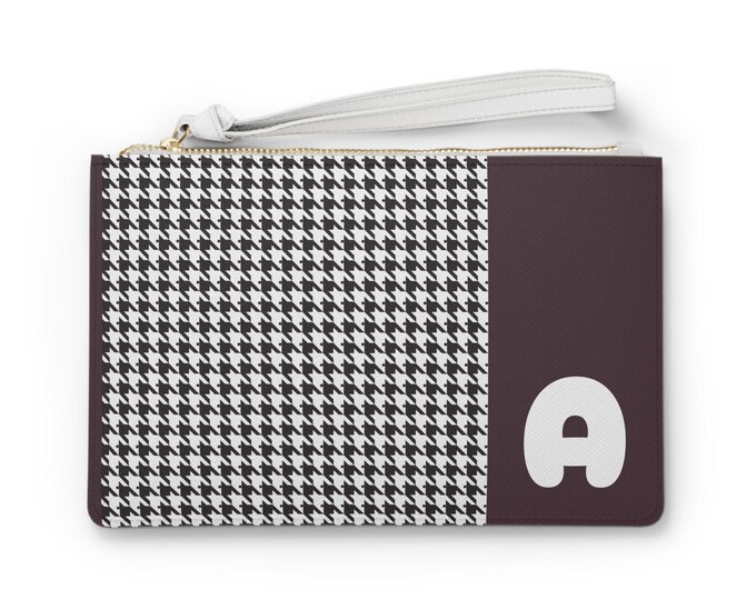 Houndstooth and Native Berry Clutch Bag with Initial | A–Z Personalized Wristlet | Stylish Gift for Her | Vegan Leather Purse for Travel