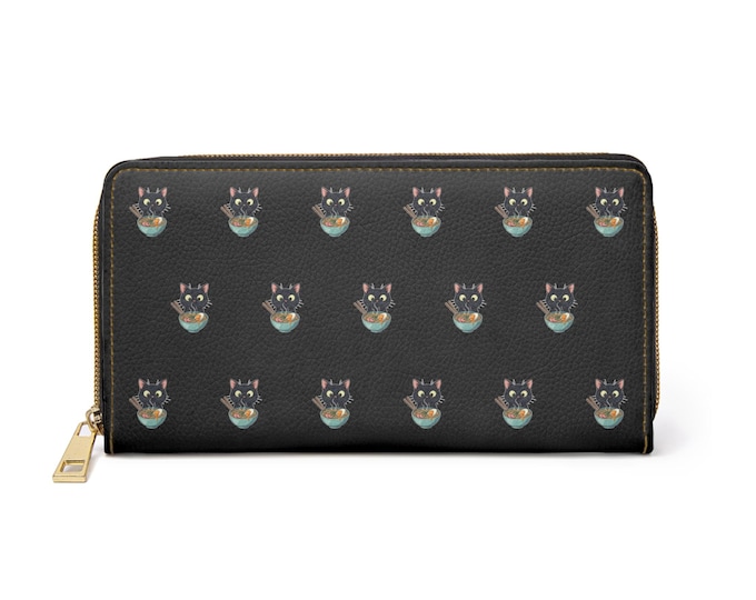 Black Cat Pattern Zipper Wallet | Repeating Cat Face Print