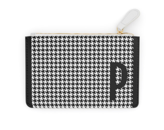 Houndstooth Black Mini Clutch – Personalized with Initial P | Vegan Leather Zippered Card Holder | Gift for Her | Stylish Mini Wallet