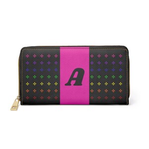 Regenbogen Native Stars Damen Geldbörse, rosa Detail, personalisiert mit schwarzer Initiale A, initialisierte Reißverschluss-Geldbörse, von Ureinwohnern entworfen