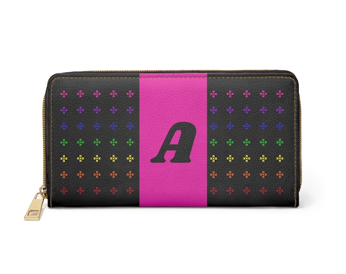 Rainbow Native Stars Womens Wallet, Pink Detail, Personalized with Black Initial A, Initialized Zipper Wallet, Native American Designed