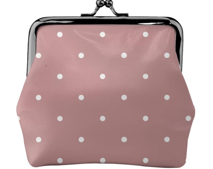Women's Leather Kiss Lock Coin Purse, White Polka Dots in Feather light Pink