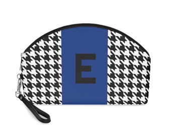 Borsa per il trucco con motivo pied de poule blu, nero e bianco, personalizzata con l'iniziale E, borsa per il trucco, inizializzata