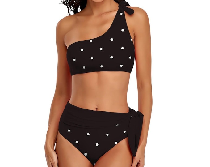 Black Polka Dot One-Shoulder Tie High-Waisted Bikini Customized Services
