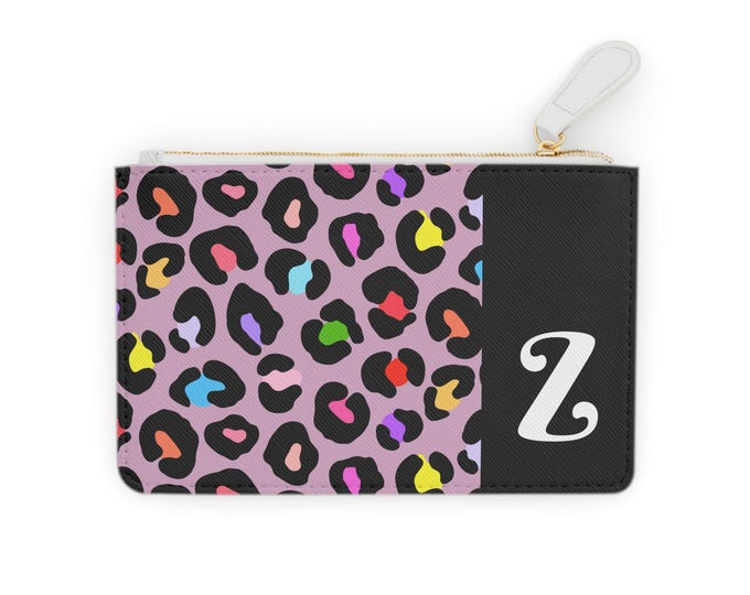 Mini Clutch Bag, Initial Z, Your Initial Card Holder, Rainbow Leopard print with Pink