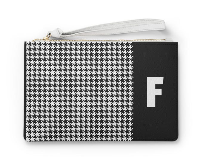 Black and White with your Initial, Choose F-J, Stylish Houndstooth Clutch Bag, Trendy Accessory for Women
