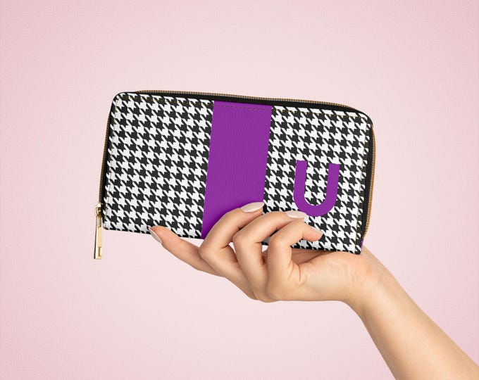 Personalized Houndstooth Wallet, Monogram U-Z Initial Black & White Zipper, Faux Leather Clutch for Women, Gift for Her, Custom Accessory