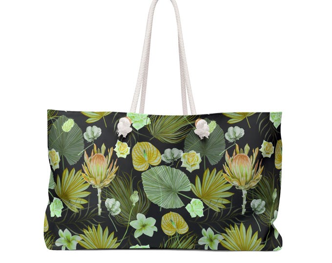 Tropical Protea Floral Weekender Bag | Green Lotus Leaves Tote