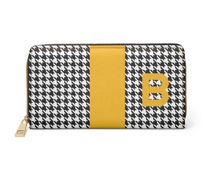Houndstooth Black and White with Marigold B Initialized Detail Womens Zippered Wallet, Personalized Wallet, Initialized, Womens Wallet