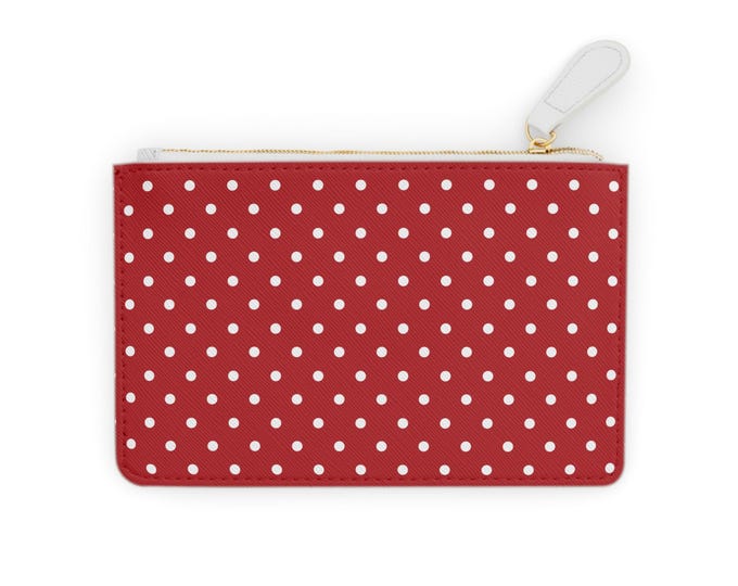 White Polka Dot Pattern Mini Clutch Wallet, Scarlet Red Dotted Wristlet | Small Zip Pouch