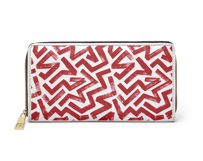 Red and White Geometric Arrow Pattern Zipper Wallet | Abstract Tribal Print