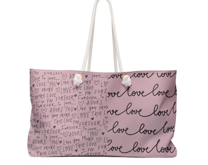 Handwritten 'Love' Script Weekender Bag | Dusty Pink and Black White Script Pattern