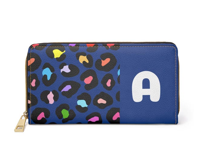 Initial A Blue Leopard Rainbow Wallet – Personalized Faux Leather Zip Clutch for Women