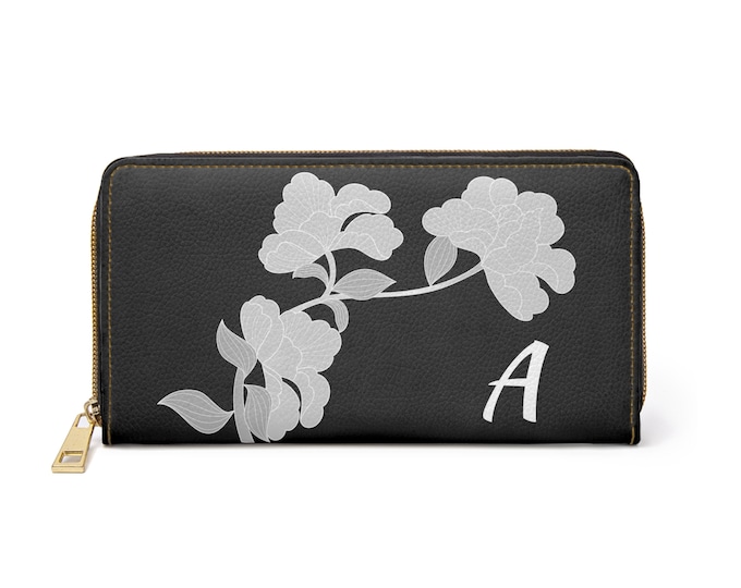 Black and White, Floral Pattern Wallet, Personalized with Initial A, Zippered