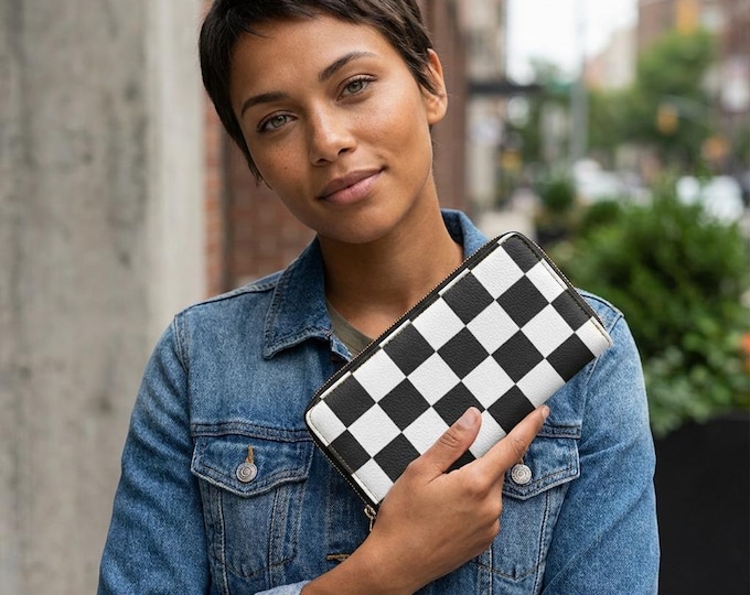 Black and White Large Checkered pattern Zipper Wallet