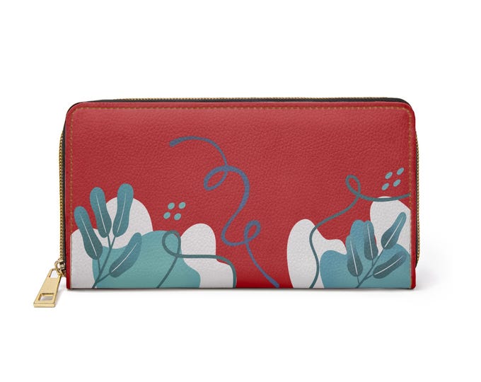Red Abstract Floral Zipper Wallet | Botanical Line Art Wallet