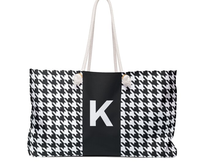 Black & White Houndstooth Tote with Black “K” • Personalized Weekender Bag • Monogram Black Initial Tote