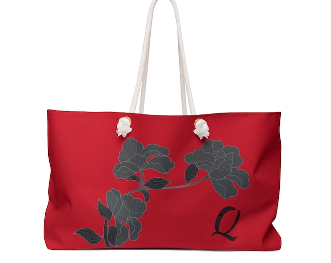 Red and Black Womens Floral Tote, Personalized with your Initial, Bag, Initial Q, Weekender Bag